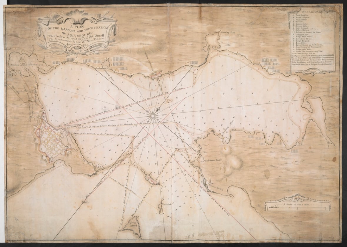 A map of Louisbourg Harbour and fortifications in 1745.