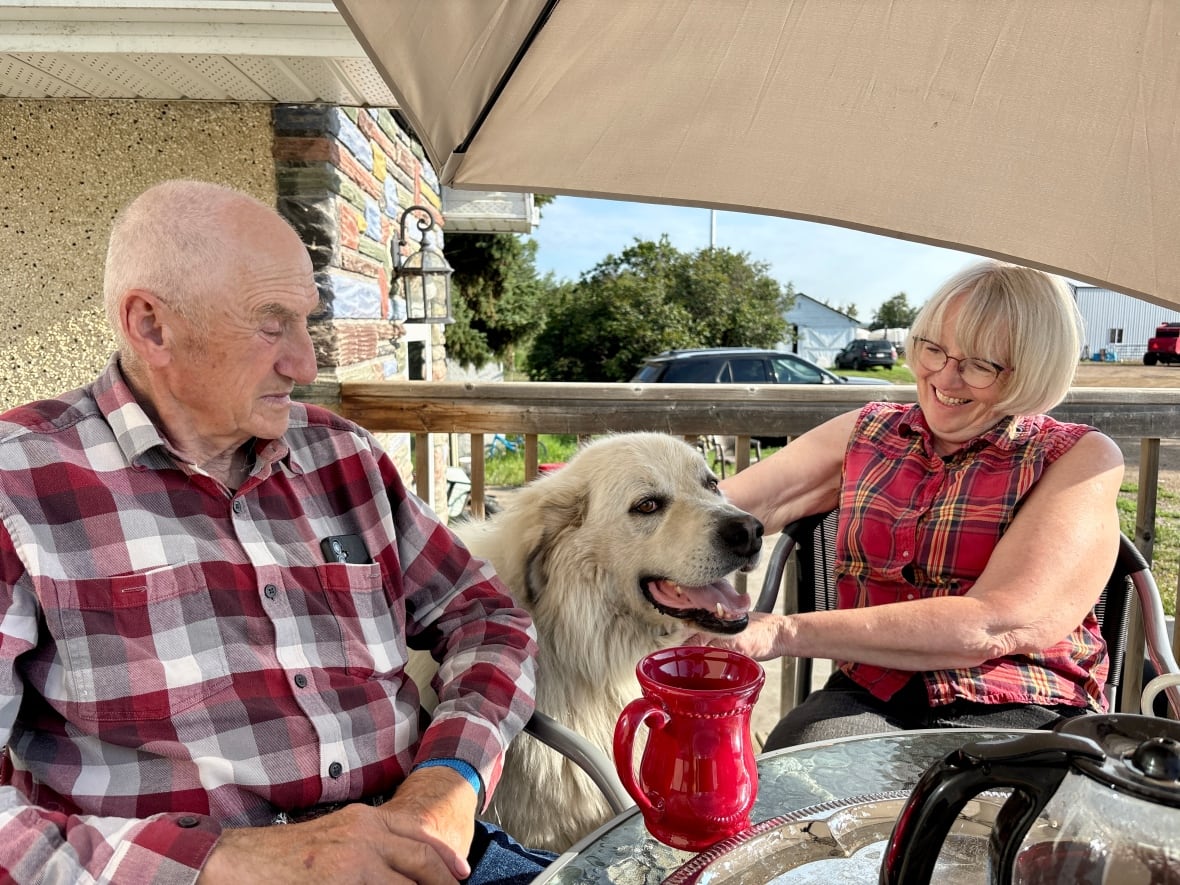 A man and woman pose with a big white dog. 