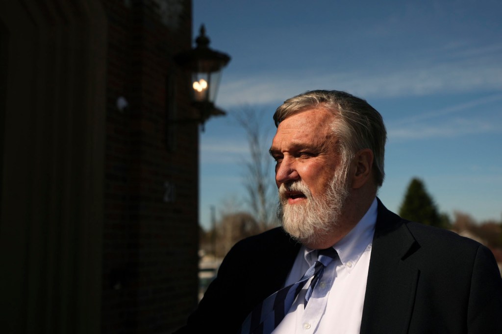 Pastor Doug Wilson stands for a portrait after Sunday services.