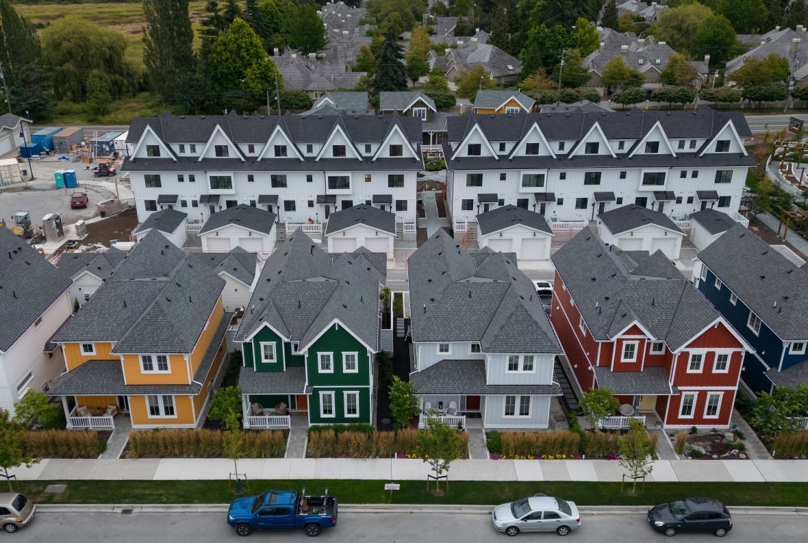 A row of houses with colourful fronts is shown from an aerial view. 