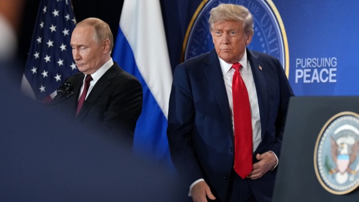 US President Donald Trump and Russian President Vladimir Putin at the conclusion of their press conference in Anchorage, Alaska, on August 15 2025