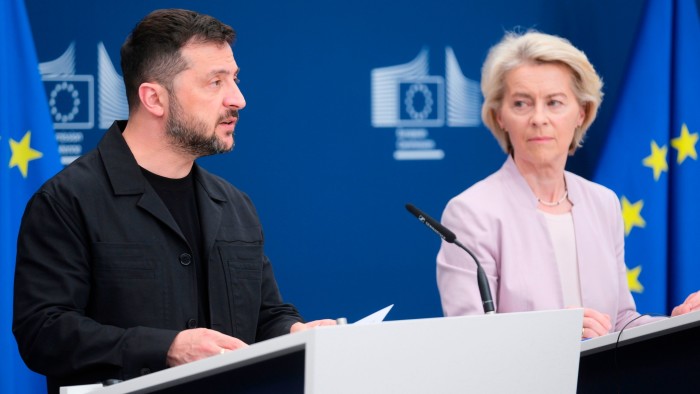 European Commission president Ursula von der Leyen (right) and Ukraine’s President Volodymyr Zelenskyy hold a media conference at EU headquarters in Brussels, Belgium on August 17, 2025