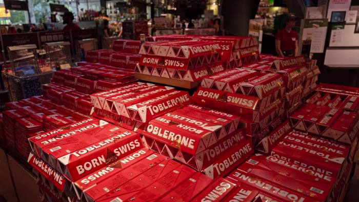 A display of Toblerone Swiss chocolate bars at a supermarket in Geneva, Switzerland, on August 5 2025