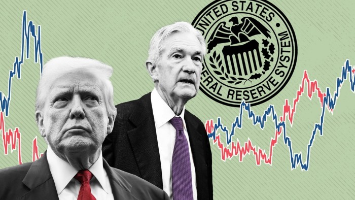 Donald Trump and Jay Powell are shown in front of a Federal Reserve logo, with a fluctuating red and blue line chart in the background