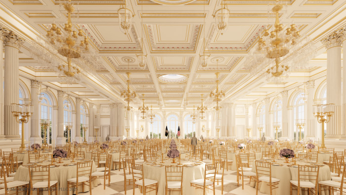 interior image of a massive ballroom with classical columns and ornate gold chandeliers