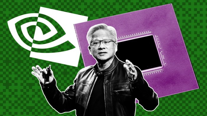Jensen Huang gestures in front of an Nvidia Grace chip and the Nvidia logo on a green checkered background