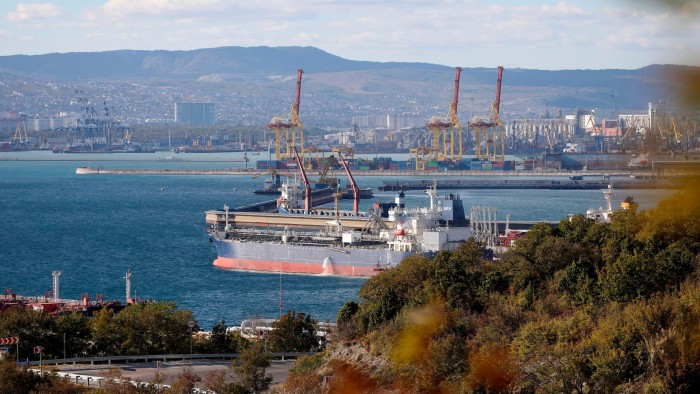 An oil tanker moored at port in Novorossiysk, Russia