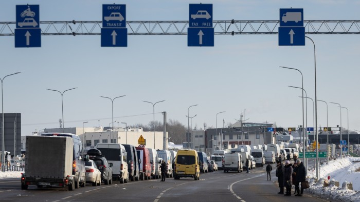 A queue of buses and passenger cars at the Polish-Ukrainian border crossing in Medyka