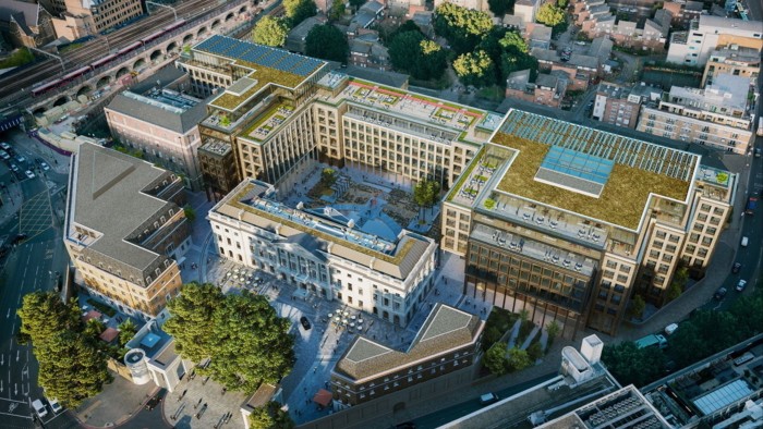 An artist’s impression shows the proposed Chinese Embassy complex at Royal Mint Court, featuring modern buildings around a central courtyard.