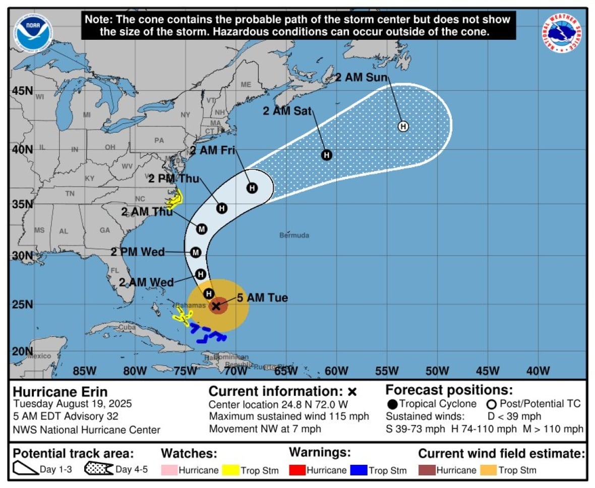 A map shows a red and orange area representing the current location of the storm, and white lines representing where it is expected to move over the coming days.