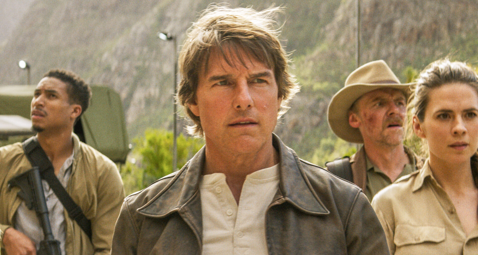Ethan Hunt (Tom Cruise) flanked by IMF teammates Degas (Greg Tarzan Davis), Benji (Simon Pegg) and Grace (Hayley Atwell) in a scene from "Mission: Impossible - The Final Reckoning"