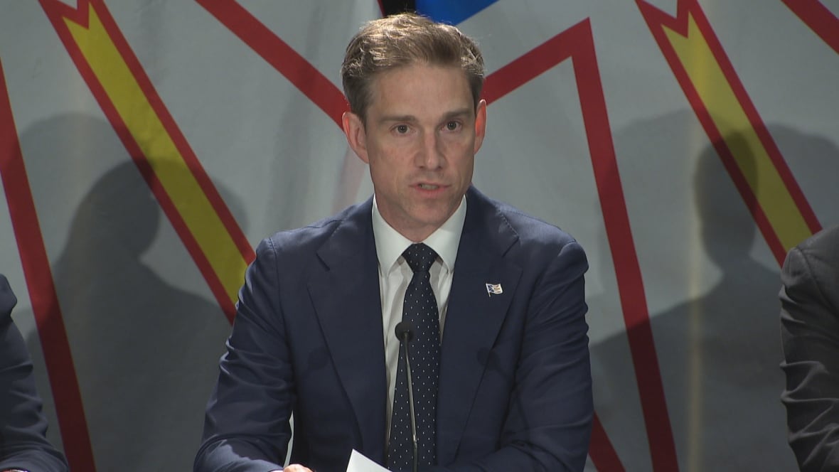 Man in suit sits in front of Newfoundland and Labrador flag