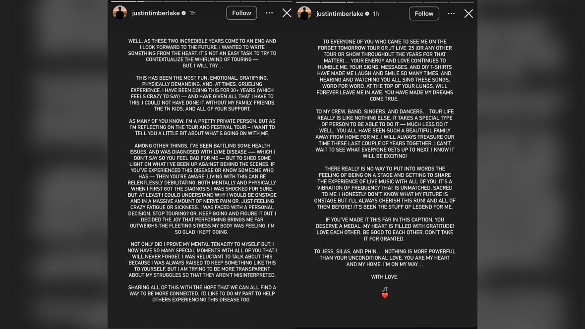 Two side-by-side black slides with a lengthy message in white font.