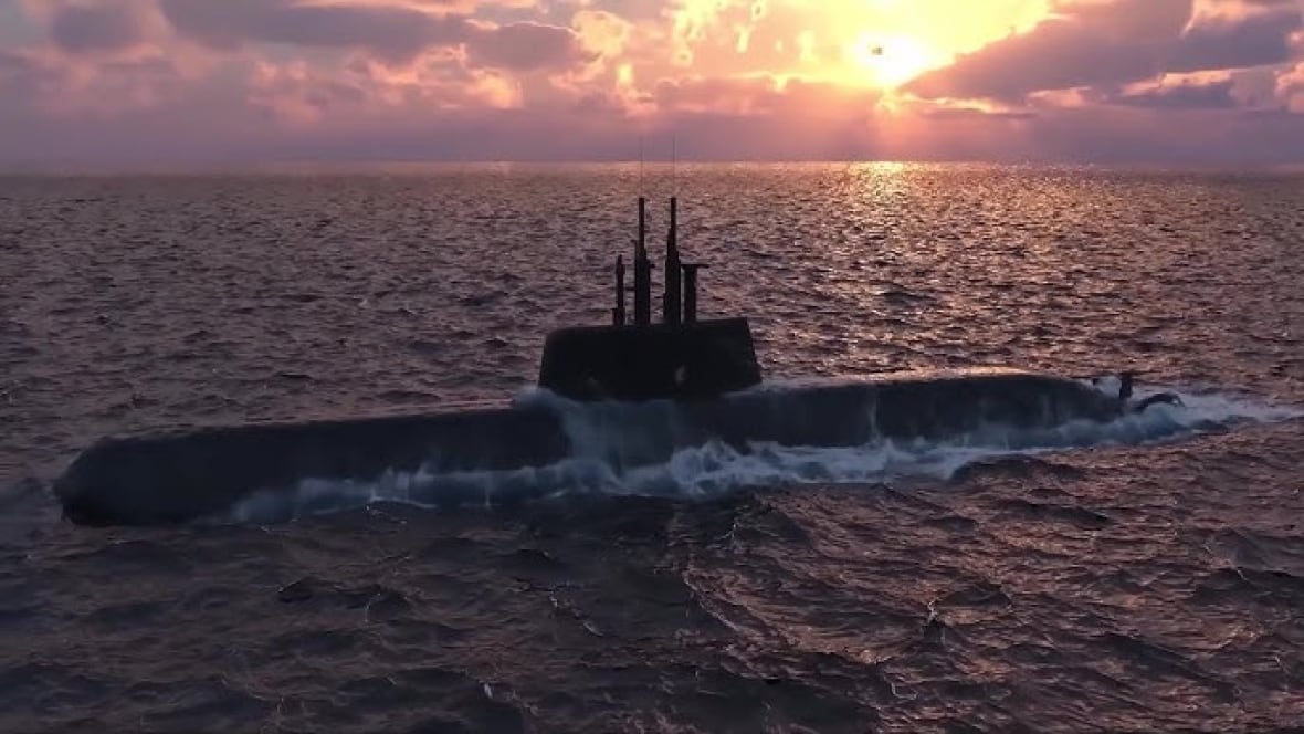 A submarine at the surface of a body of water.
