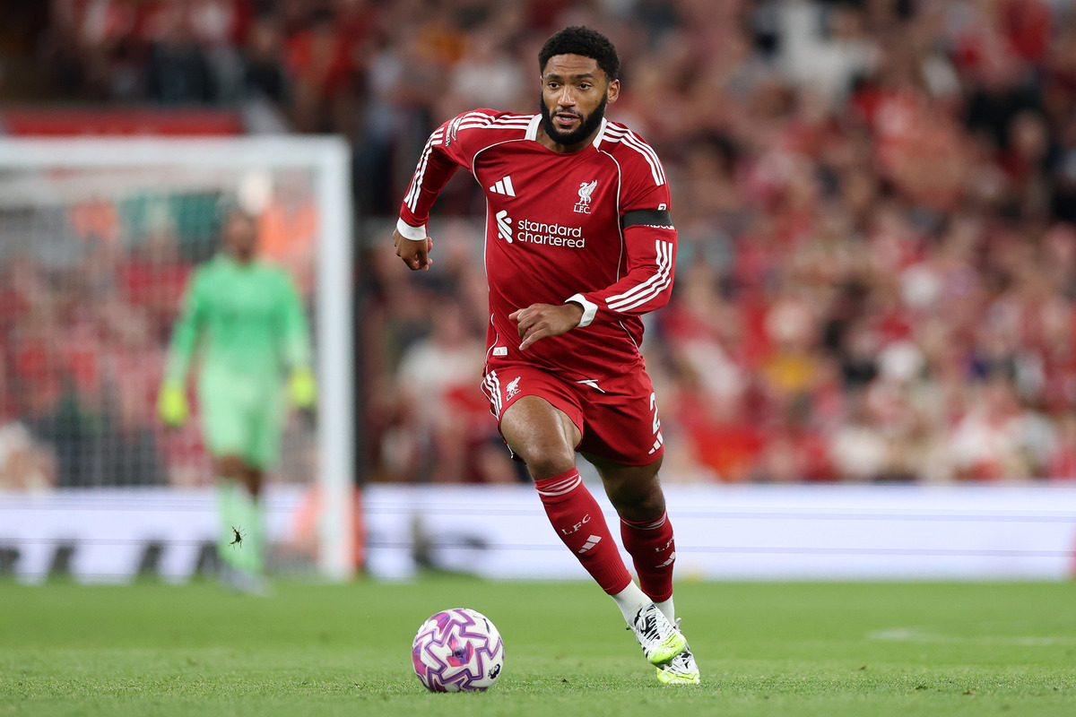 LIVERPOOL, ENGLAND - AUGUST 15: Joe Gomez of Liverpool during the Premier League match between Liverpool and Bournemouth at Anfield on August 15, 2025 in Liverpool, England. (Photo by Michael Steele/Getty Images)