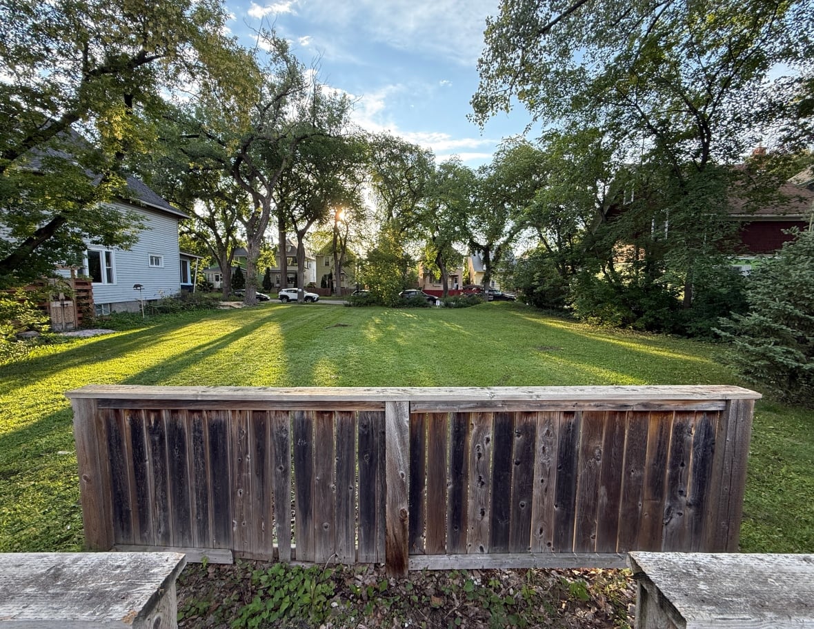 A vacant lot behind a small fence is covered with green grass.