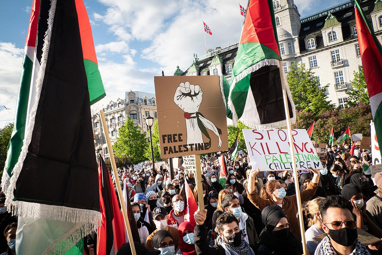Thousands protest in front of Norwegian Parliament against Israeli attacks on Gaza, Oslo, May 19, 2021. (Ryan Rodrick Beiler/Activestills)