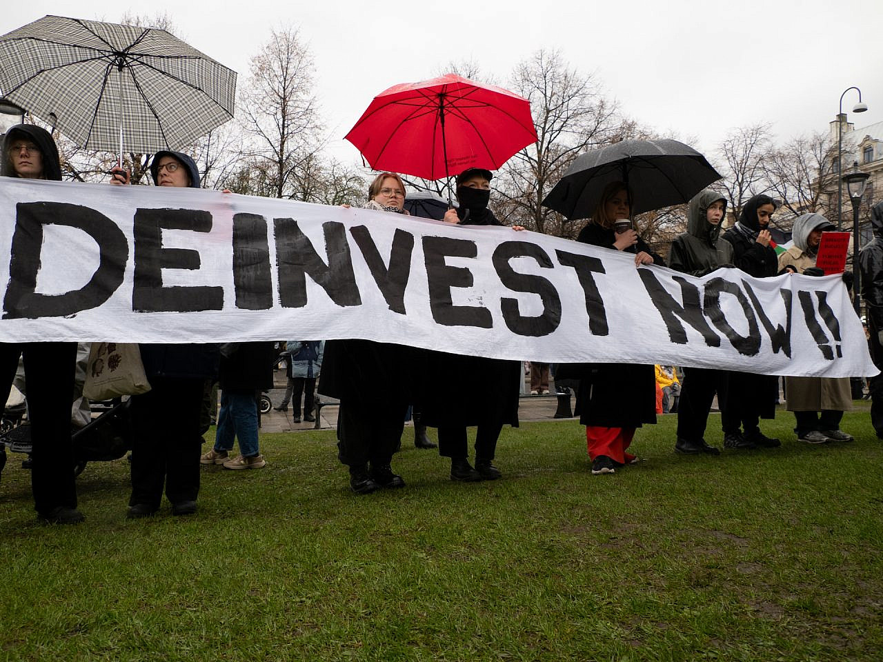 Activists at a Palestine solidarity demonstration in Oslo, Norway, hold a sign reading "Divest Now", April 28, 2024. (Ryan Rodrick Beiler/Activestills)