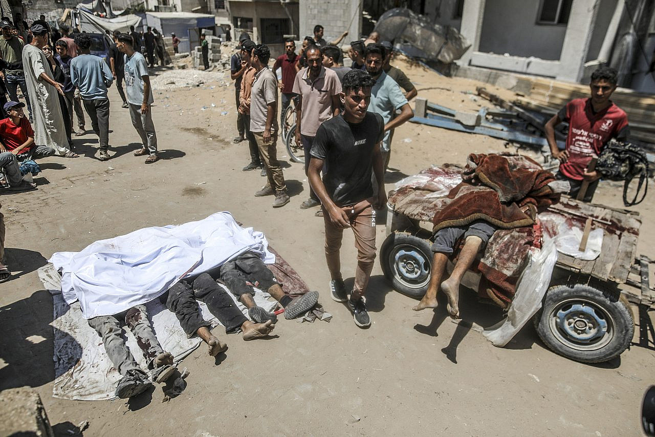 Bodies of Palestinians killed while seeking aid, Al-Shifa Hospital, Gaza City, northern Gaza Strip, July 20, 2025. (Yousef Zaanoun/Activestills)
