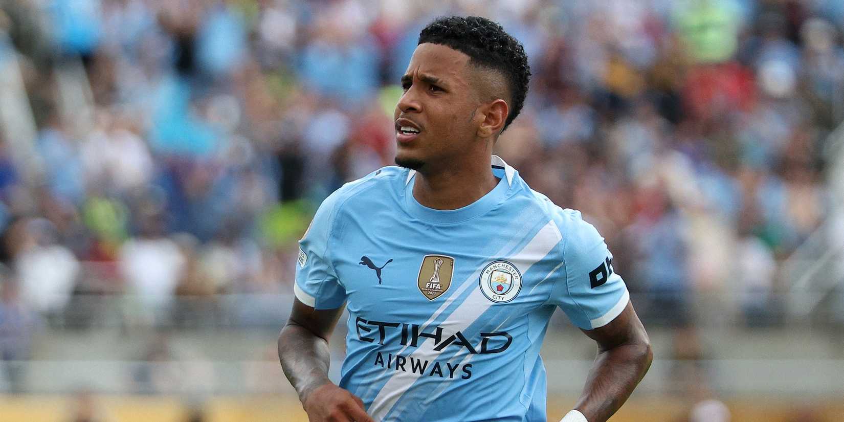 Manchester City's Savinho celebrates scoring their fifth goal