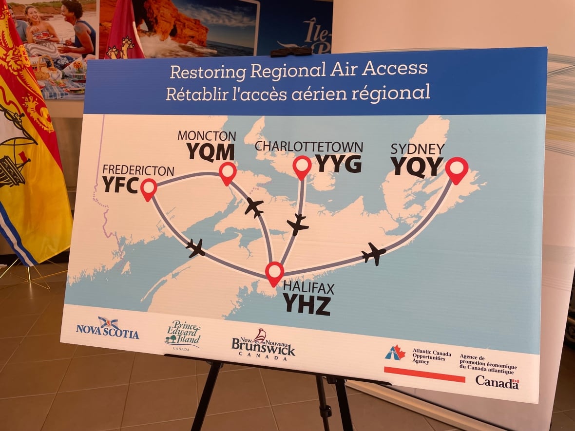 A graphic signs that reads 'restoring regional air access' and includes graphics of planes flying between the Maritime provinces. 