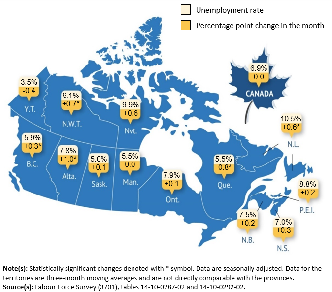 Thumbnail for map 1: Unemployment rate by province and territory, July 2025