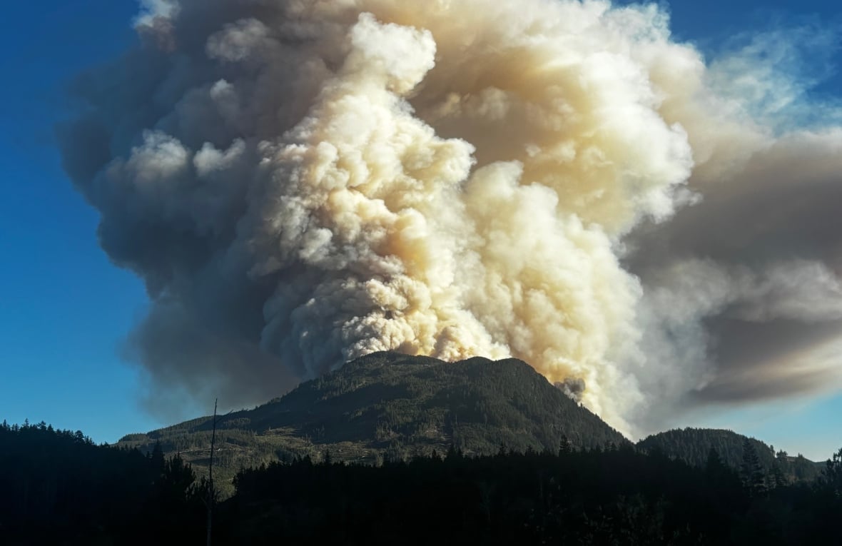Smoke billows into a blue sky behind a mountain peak.
