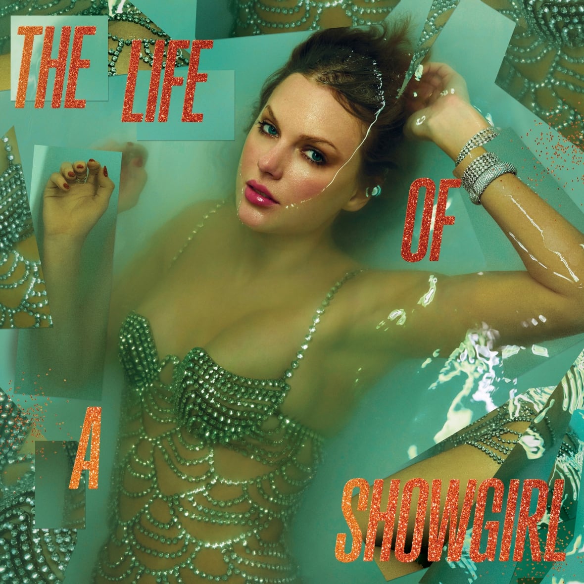 A woman in a sparkly top lays in water with the words The Life of a Showgirl in orange.