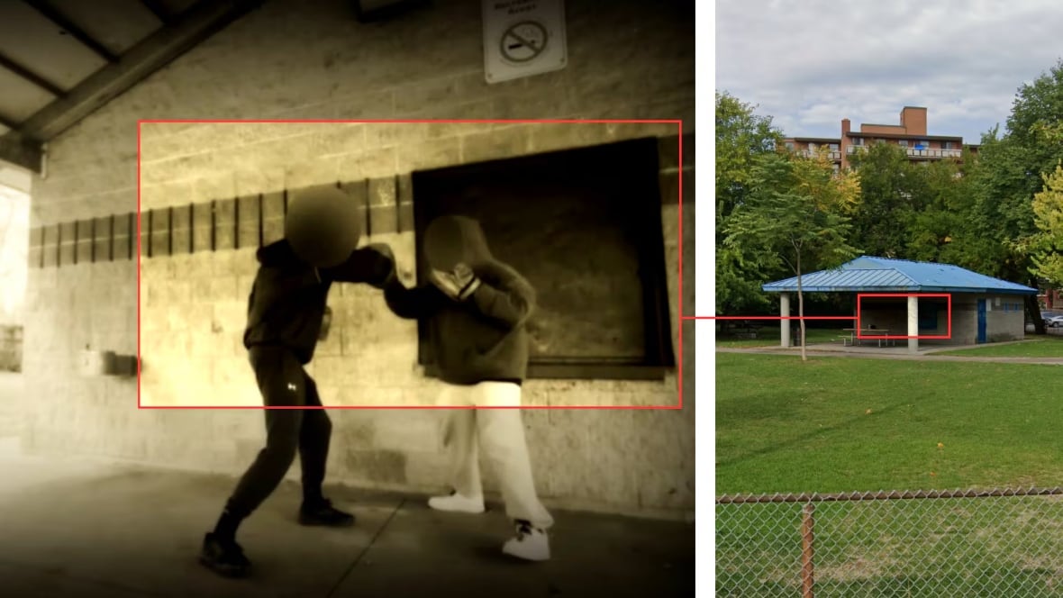 A side-by-side collage showing two people with blurred faces boxing under a gazebo and a wide show showing that gazebo in a park. 