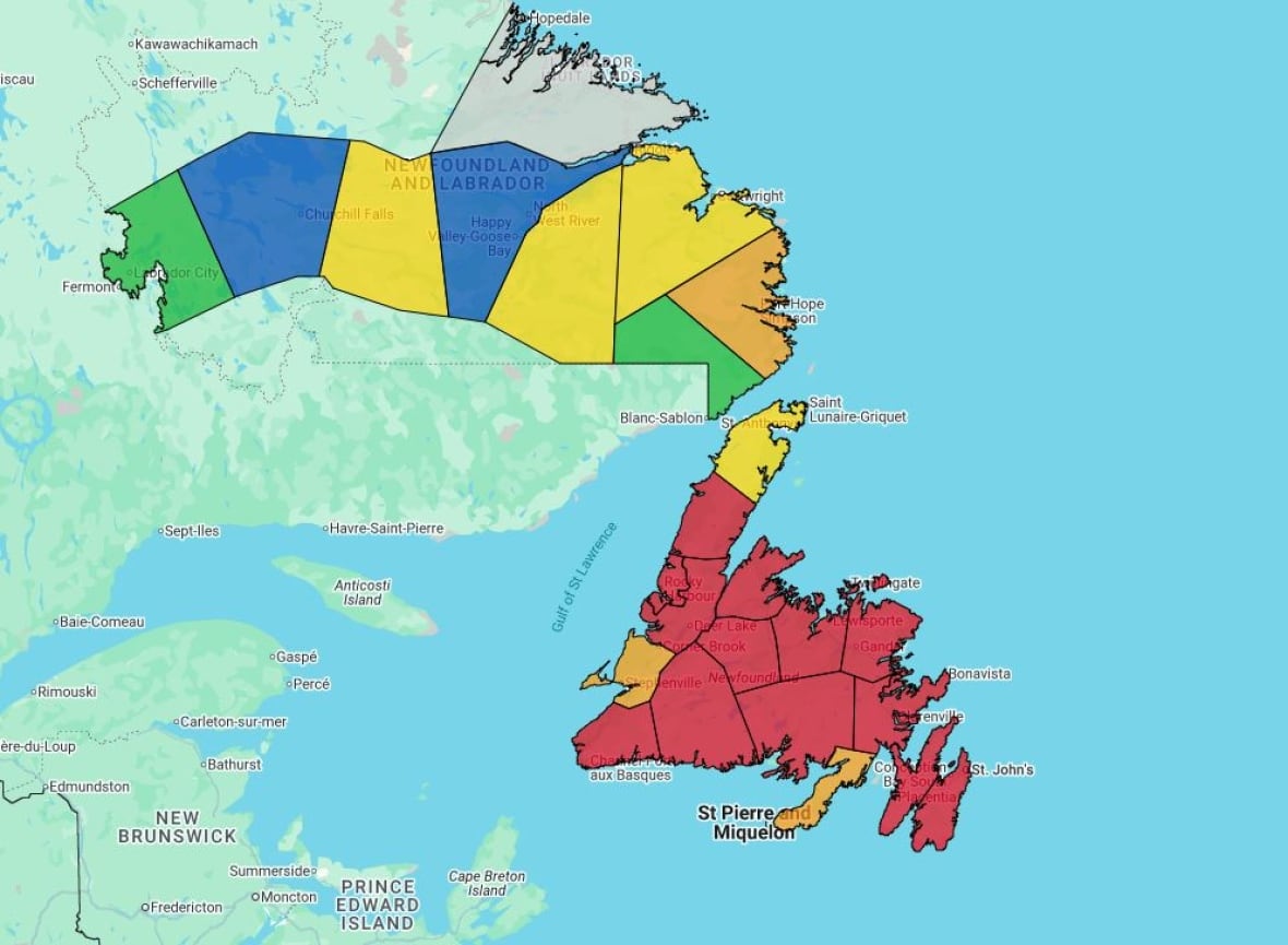 A map of an island mostly coloured red.