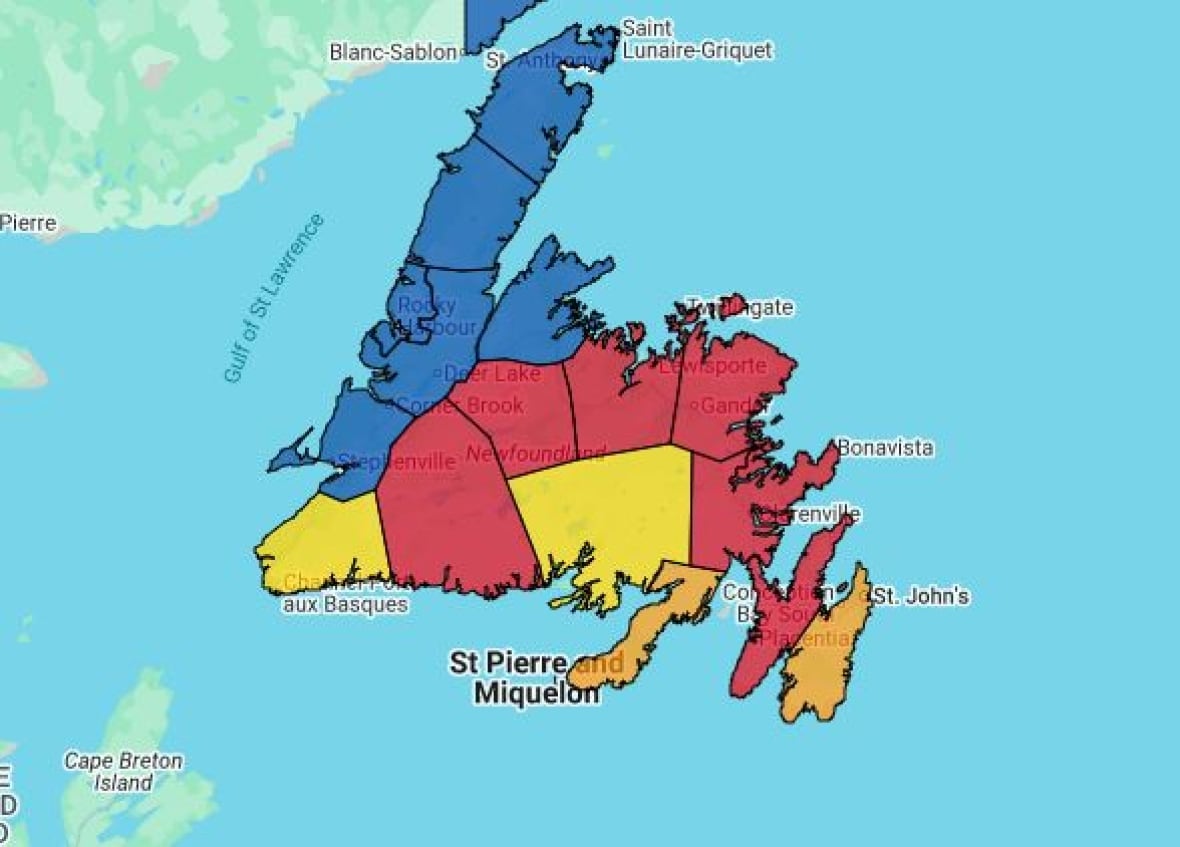 A map of newfoundland in different colpurs.