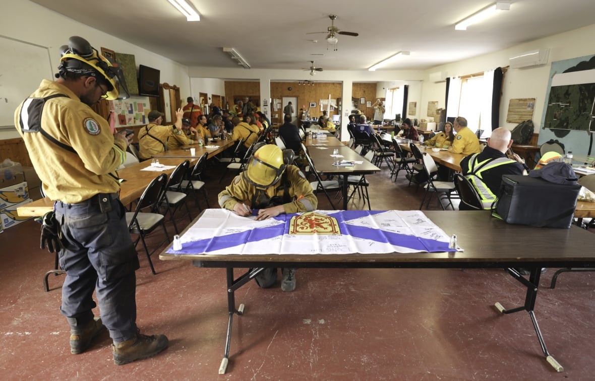 People in yellow seated at rectangular tables.