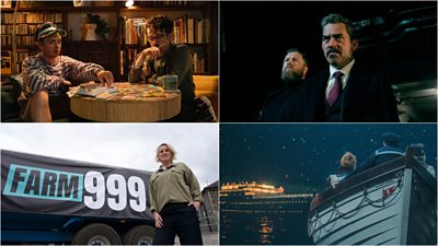 A collage image of four pictures. Image 1 is comprised of  a woman standing next to a large trailer with a banner that reads 'FARM 999,' set against a cloudy sky. Image 2 shows two people sit at a round wooden table playing a board game. Image 3 depicts two people sitting in a lifeboat on the water, looking towards a large illuminated ship on the water at night. Image 4 shows two men stand in a dark setting, lit dramatically from the side. In the foreground, a man with grey hair, a moustache, and a serious expression wears a dark suit. Behind him, another man with a full beard and short hair wears a dark coat and looks upward.