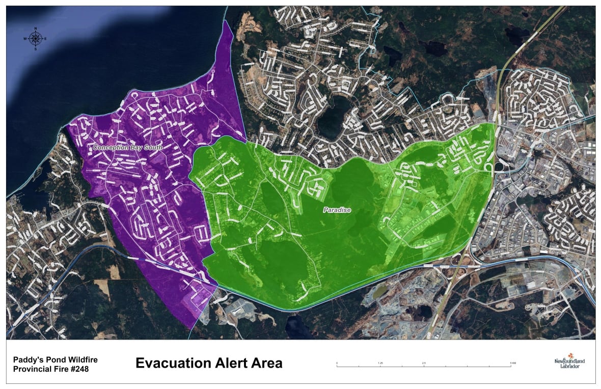 Map shows the evacuation alert on the south side of Topsail Road from the Outer Ring Road exit to the C.B.S. boundary, and east of Manuels River.