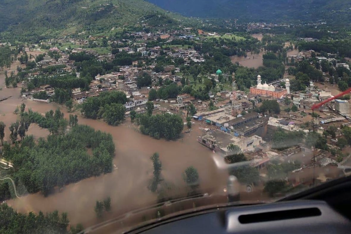 An overhead shot of a flooded village
