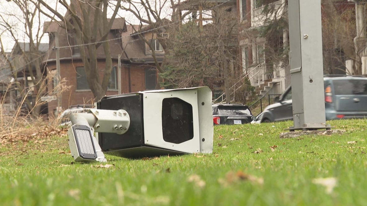 Photo of a speed camera that's been cut down and is sitting on a patch of grass