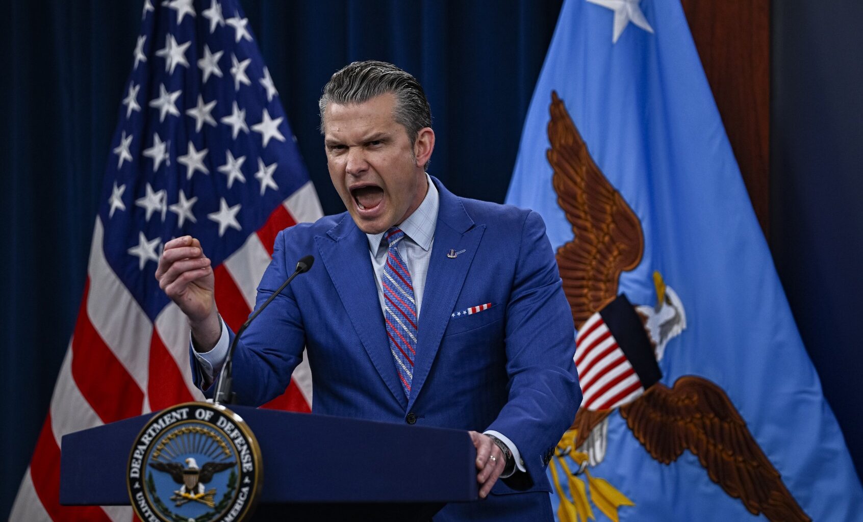 U.S. Defense Secretary Pete Hegseth and US Chairman of the Joint Chiefs of Staff Dan Caine hold a joint press conference at the Pentagon press briefing room in Washington DC, United States on June 26, 2025. (Celal Gunes/Anadolu via Getty Images)