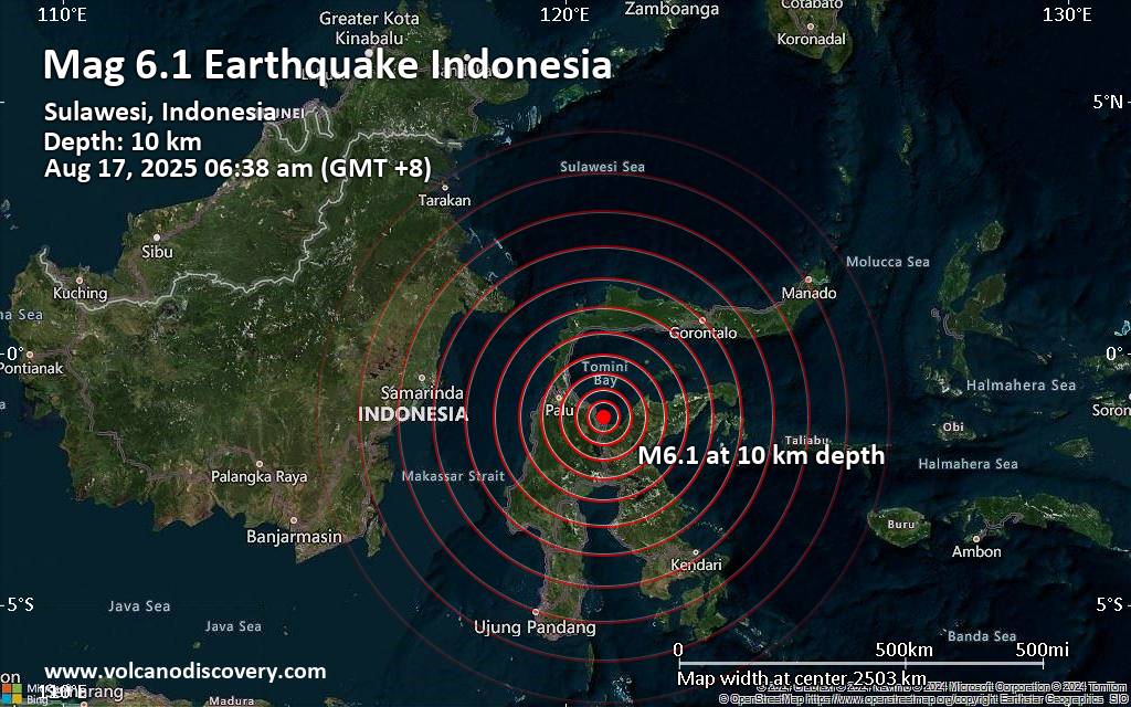 Strong Mag. 5.8 Earthquake - 14 km North of Poso, Kabupaten Poso, Sulawesi Tengah, Indonesia, on Sunday, Aug 17, 2025, at 06:38 am (Makassar Time) -