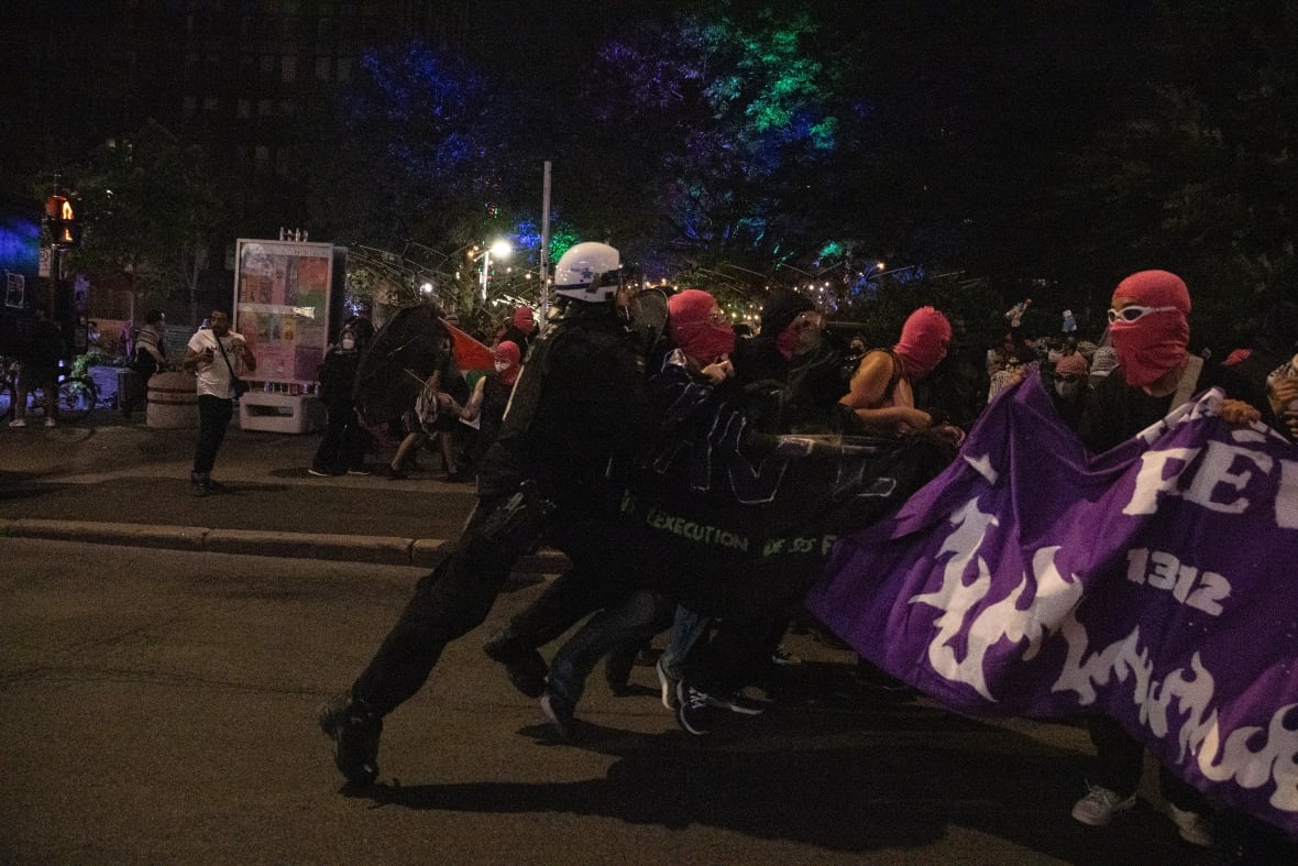 Riot police pushing into a crowd