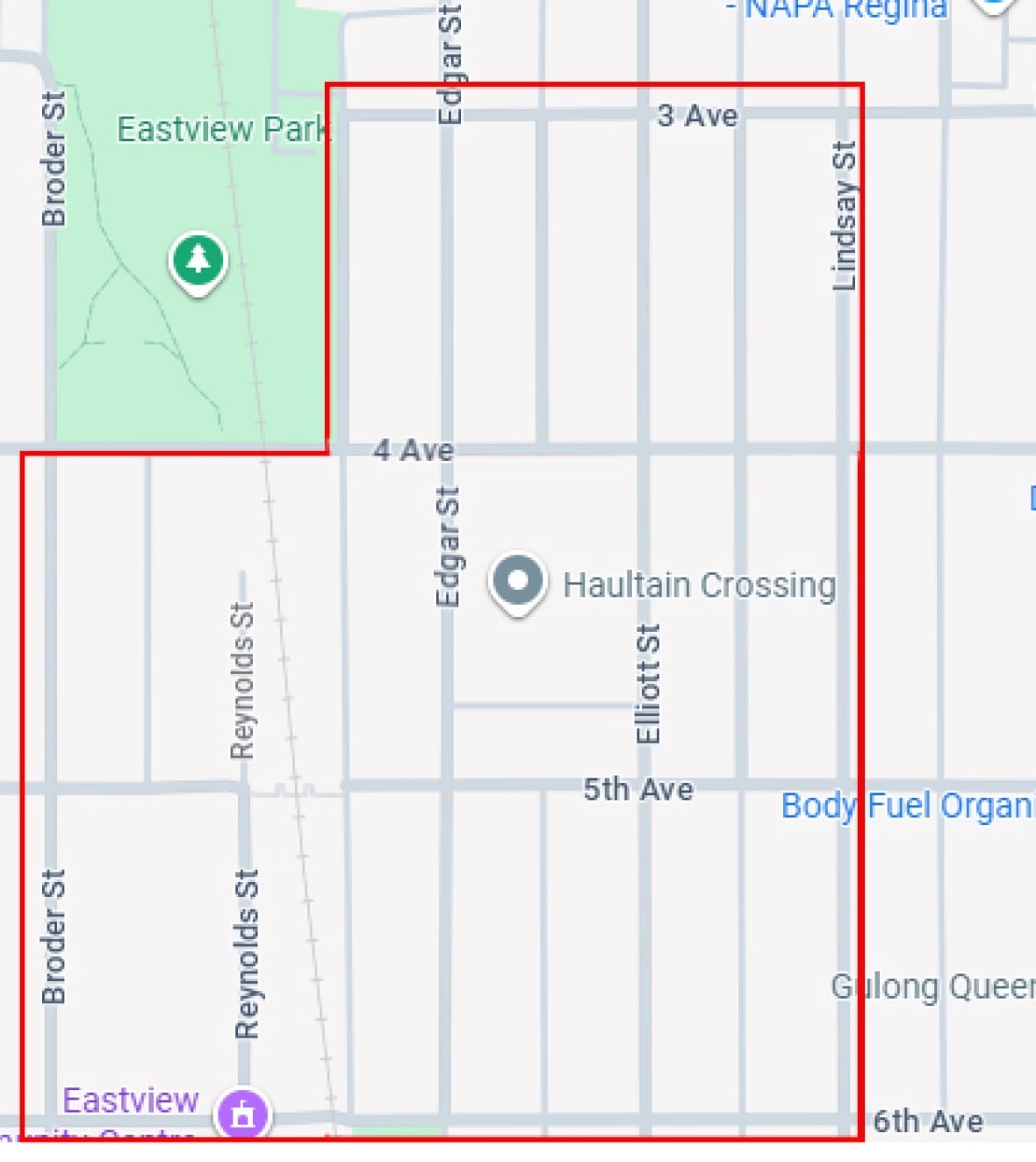 A screenshot of Google Maps with a red rectangle drawn.