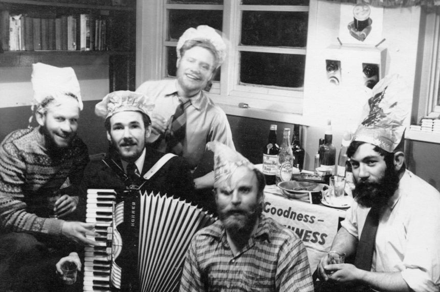Undated handout photo issued by British Antarctic Survey of Dennis Bell (right) christmas festivities with colleagues from Admiralty Bay Station, c.1958.