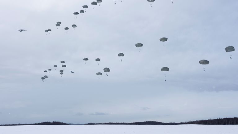 Paratroopers in the sky above the facility