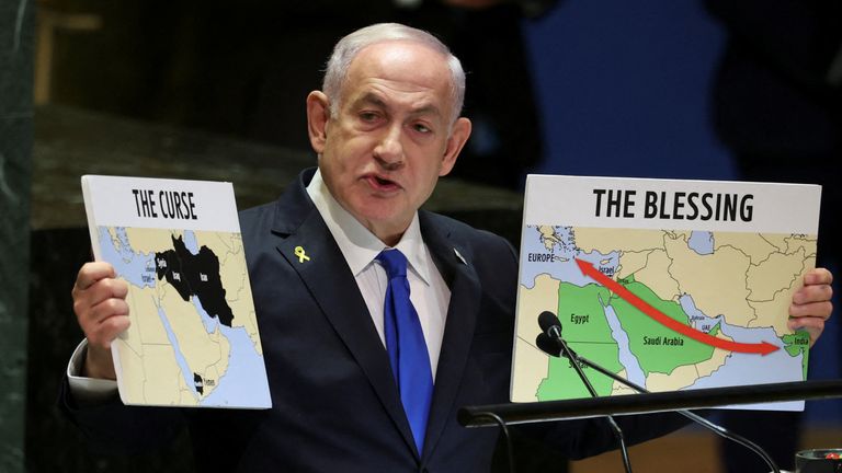 Hundreds of diplomats left when Israeli leader Benjamin Netanyahu began speaking at the general assembly in 2024. Pic: Reuters