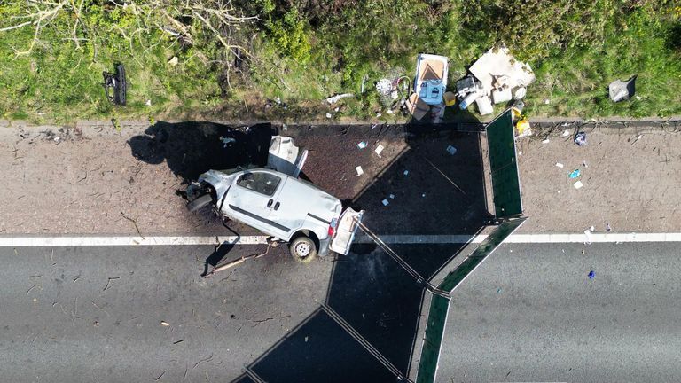 Undated handout photo issued by Lancashire Constabulary of the scene of a car crash off the M6 near Lancaster on April 20, where Daniel Burb