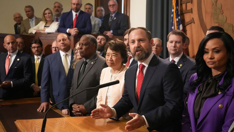 Republican Texas House speaker Dustin Burrows talks to media at the Capitol in Austin, Texas. Pic: AP