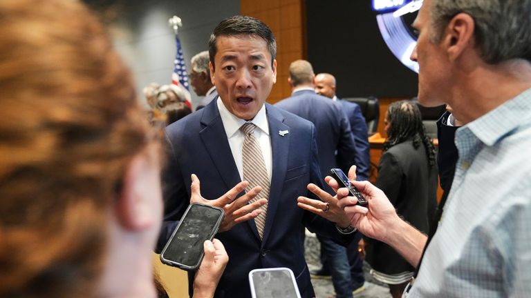 Gene Wu, chair of the Texas Democratic Party caucus, speaks in Warrenville, Illinois. Pic: AP