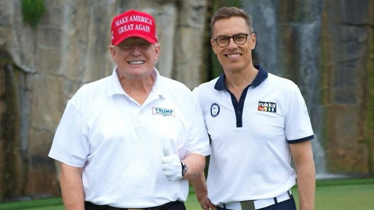 Donald Trump and Finland's President Alexander Stubb during a golf tournament at Mar-a-Lago. Pic: Finnish Presidential Office/Reuters

