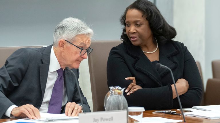 Fed chair Jay Powell is seen in discussion with board member Lisa Cook. Pic: AP 