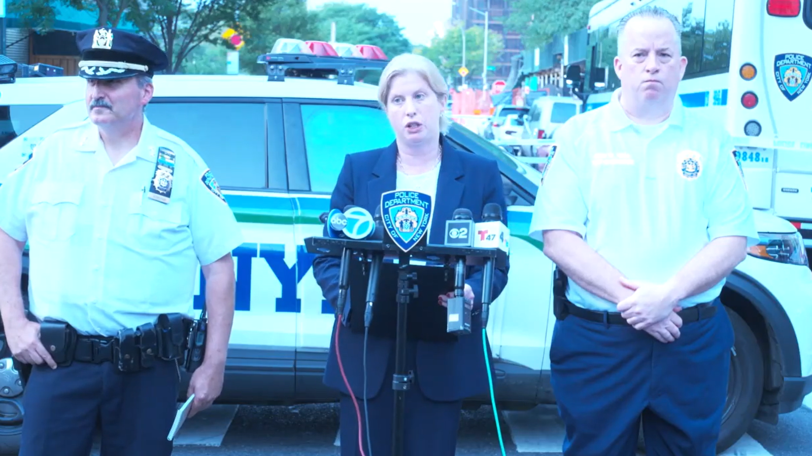 Police Commissioner Jessica Tisch at a news conference on Sunday. Pic: NYPD via X