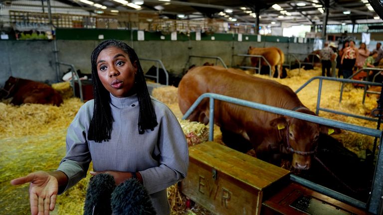 Conservative Party leader Kemi Badenoch talking to members of the media during a visit to the The Royal Welsh Show.
Pic: PA